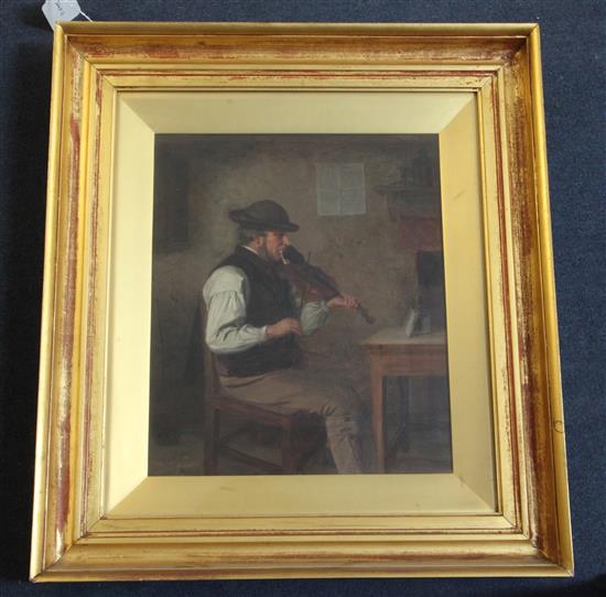Charles Hunt (1803-1877) Interior with fiddler smoking a clay pipe 14 x 12in.